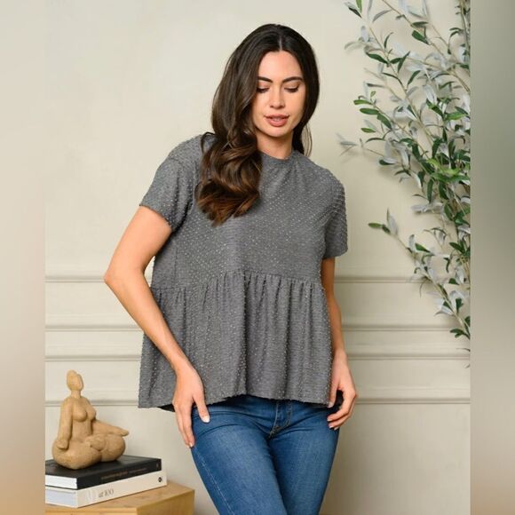 Women’s short sleeve Swiss dot peplum in gray‎ - Picture 2 of 10